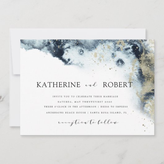 Waterverf Blue en Gold Minimalistic Wedding Kaart (Voorkant)