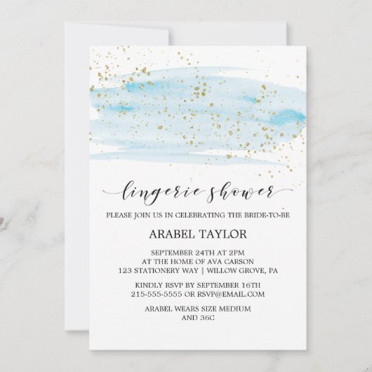 Waterverf Blue en Gold Sparkle Lingerie Shower Kaart (Voorkant)