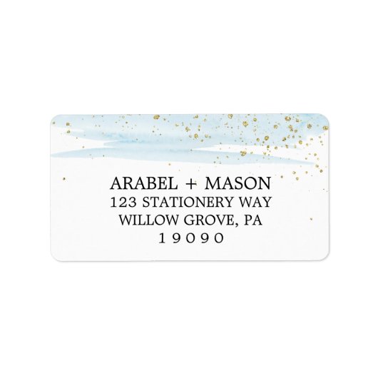 Waterverf Blue en Gold Sparkle Wedding Etiket (Voorkant)