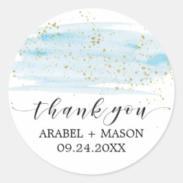 Waterverf Blue en Gold Sparkle Wedding Favor Ronde Sticker