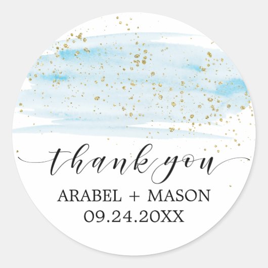Waterverf Blue en Gold Sparkle Wedding Favor Ronde Sticker (Voorkant)