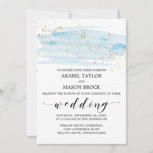 Waterverf Blue en Gold Sparkle Wedding Kaart (Voorkant)