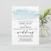 Waterverf Blue en Gold Sparkle Wedding Kaart (Staand voorkant)