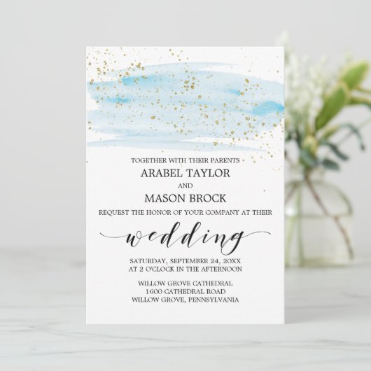 Waterverf Blue en Gold Sparkle Wedding Kaart (Staand voorkant)