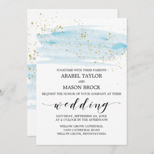 Waterverf Blue en Gold Sparkle Wedding Kaart (Voorkant / Achterkant)