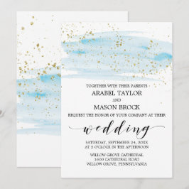 Waterverf Blue en Gold Sparkle Wedding Kaart