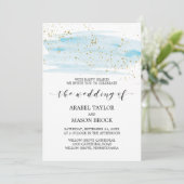 Waterverf Blue en Gold Sparkle Wedding Kaart (Staand voorkant)