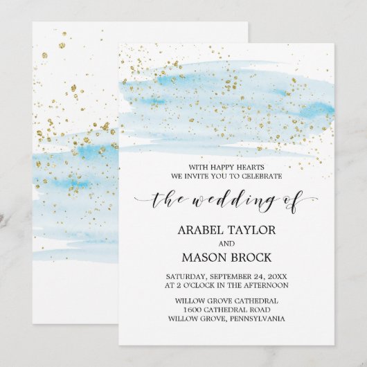 Waterverf Blue en Gold Sparkle Wedding Kaart (Voorkant / Achterkant)
