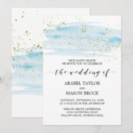 Waterverf Blue en Gold Sparkle Wedding Kaart
