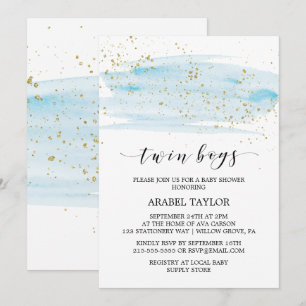 Waterverf Blue en Gold Twin Boys Baby shower Kaart