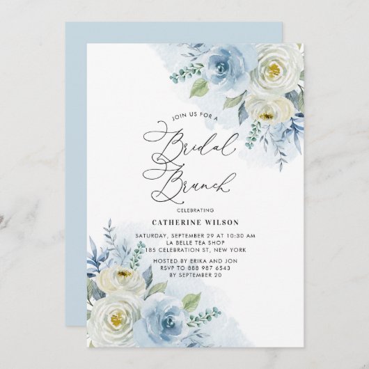 Waterverf Blue en Ivory Rozen Bridal Brunch Kaart (Voorkant / Achterkant)