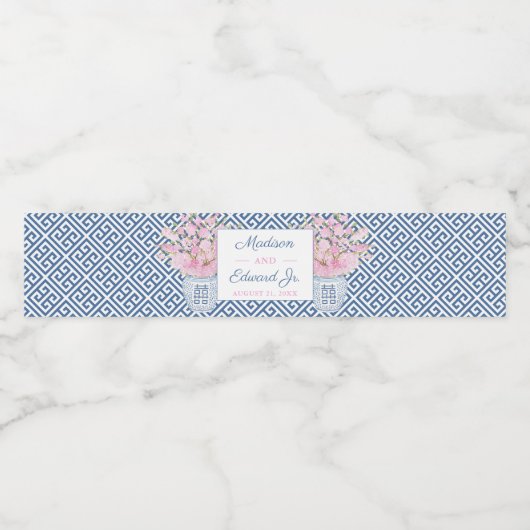 Waterverf Blue en roze gember jar Wedding Shower Waterfles Etiket (Enkel label)