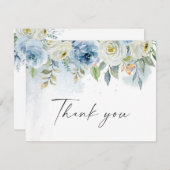 Waterverf Blue en White Floral Wedding Bedankkaart (Voorkant / Achterkant)