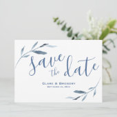 Waterverf Blue en White Floral Wedding Save The Date (Staand voorkant)