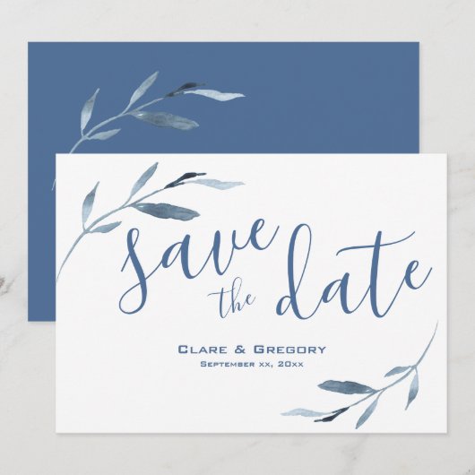 Waterverf Blue en White Floral Wedding Save The Date (Voorkant / Achterkant)