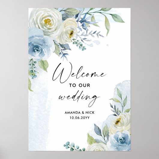 Waterverf Blue en White Floral Wedding Welcome Poster (Voorkant)