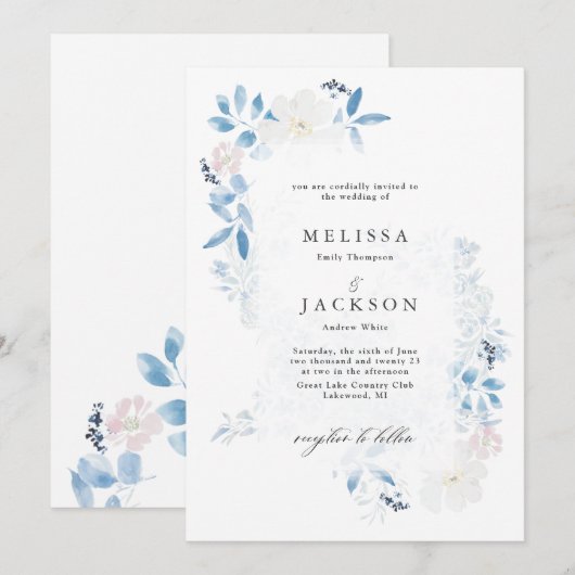 Waterverf Blue en White Flowers Invitation Kaart (Voorkant / Achterkant)