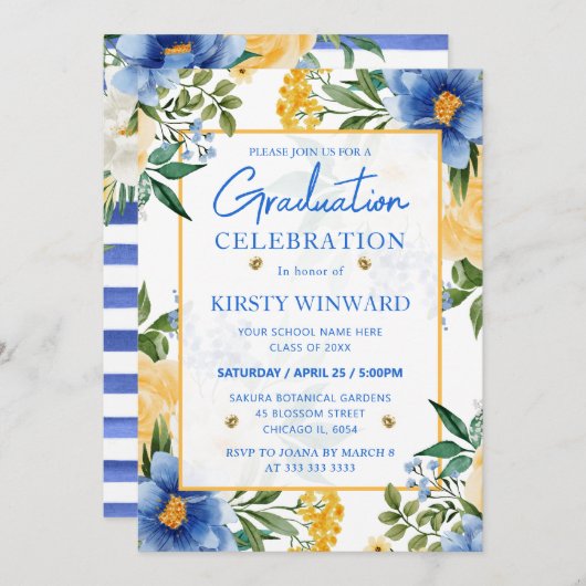Waterverf Blue en Yellow Flowers Afstuderen Kaart (Voorkant / Achterkant)