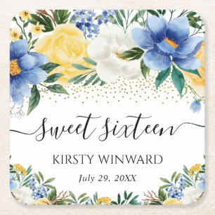 Waterverf Blue en Yellow Flowers Sweet Sixteen Kartonnen Onderzetters