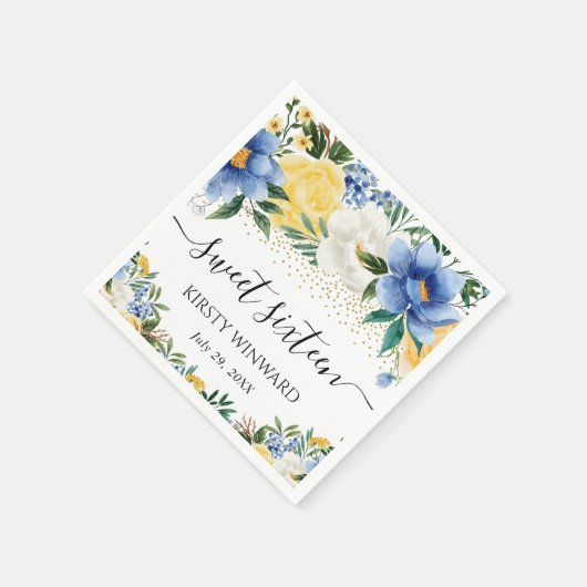Waterverf Blue en Yellow Flowers Sweet Sixteen Servet (Hoek)