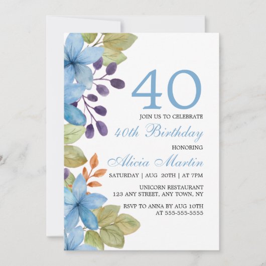 Waterverf Blue Flora Alle leeftijden Verjaardagsui Kaart (Voorkant)