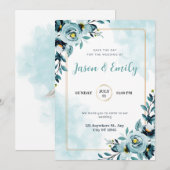 Waterverf Blue Flora Elegante huwelijksuitnodiging Kaart (Voorkant / Achterkant)