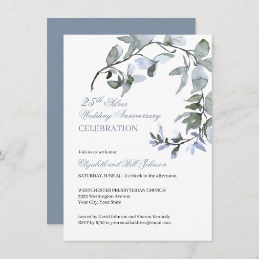 Waterverf Blue Floral 25th Wedding Jubileum Kaart (Voorkant / Achterkant)