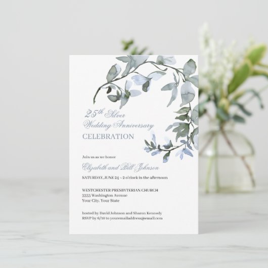 Waterverf Blue Floral 25th Wedding Jubileum Kaart (Staand voorkant)