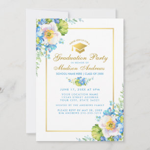 Waterverf Blue Floral Afstudeerder Party Gold Invi Kaart