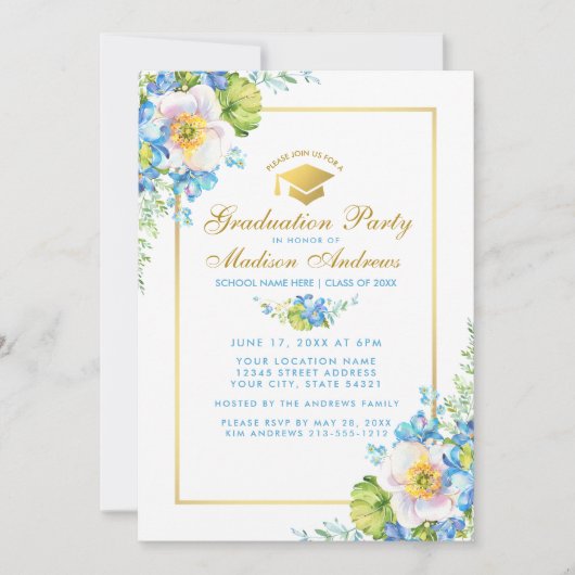 Waterverf Blue Floral Afstudeerder Party Gold Invi Kaart (Voorkant)