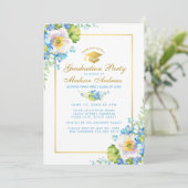 Waterverf Blue Floral Afstudeerder Party Gold Invi Kaart (Staand voorkant)