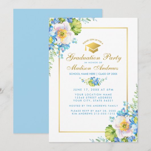Waterverf Blue Floral Afstudeerder Party Gold Invi Kaart (Voorkant / Achterkant)