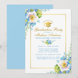 Waterverf Blue Floral Afstudeerder Party Gold Invi Kaart