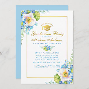 Waterverf Blue Floral Afstudeerder Party Gold Invi Kaart