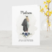 Waterverf Blue Floral Afstuderen Blonde Girl Kaart (Gele Bloem)
