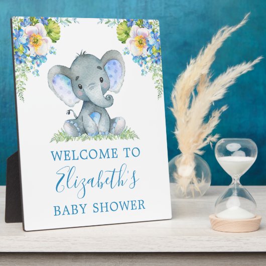 Waterverf Blue Floral Baby Elephant Baby shower Fotoplaat (Zijkant)