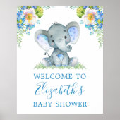 Waterverf Blue Floral Baby Elephant Baby shower Poster (Voorkant)