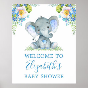 Waterverf Blue Floral Baby Elephant Baby shower Poster