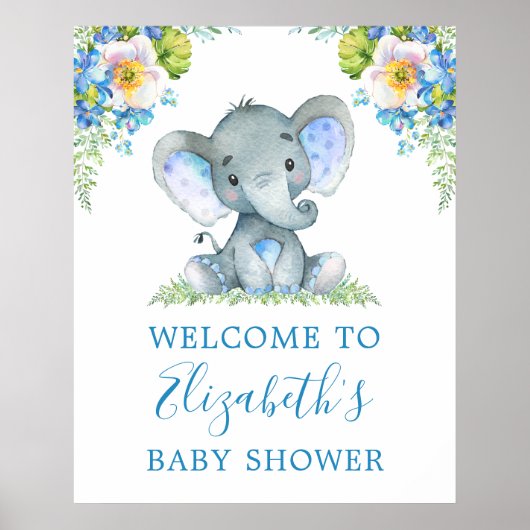 Waterverf Blue Floral Baby Elephant Baby shower Poster (Voorkant)