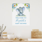 Waterverf Blue Floral Baby Elephant Baby shower Poster (Keuken)