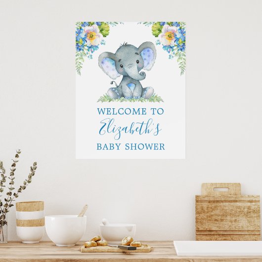 Waterverf Blue Floral Baby Elephant Baby shower Poster (Keuken)