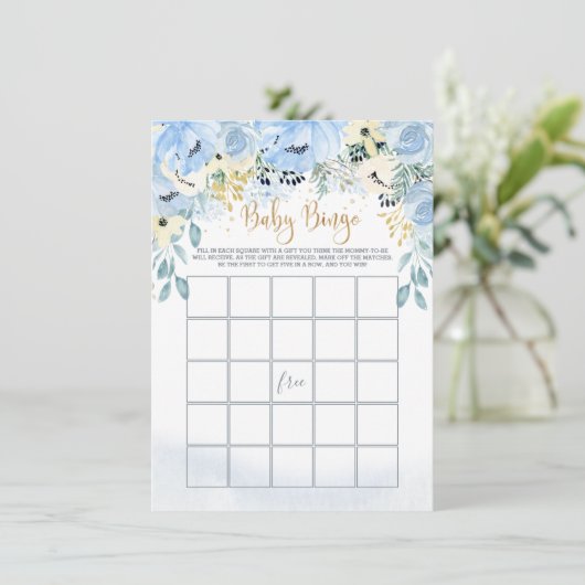 Waterverf Blue Floral Baby shower Bingo Game Kaart (Staand voorkant)