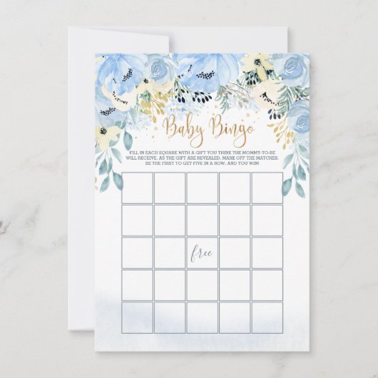 Waterverf Blue Floral Baby shower Bingo Game Kaart (Voorkant)