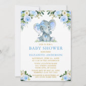 Waterverf Blue Floral Baby shower Elephant Bow Kaart (Voorkant)