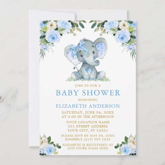Waterverf Blue Floral Baby shower Elephant Bow Kaart (Voorkant)
