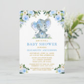 Waterverf Blue Floral Baby shower Elephant Bow Kaart (Staand voorkant)