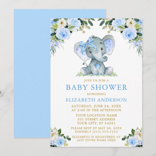 Waterverf Blue Floral Baby shower Elephant Bow Kaart (Voorkant / Achterkant)