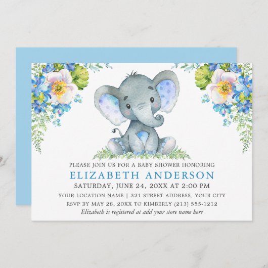 Waterverf Blue Floral Baby shower Elephant Kaart (Voorkant / Achterkant)