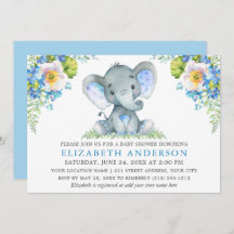 Waterverf Blue Floral Baby shower Elephant