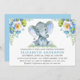 Waterverf Blue Floral Baby shower Elephant Kaart